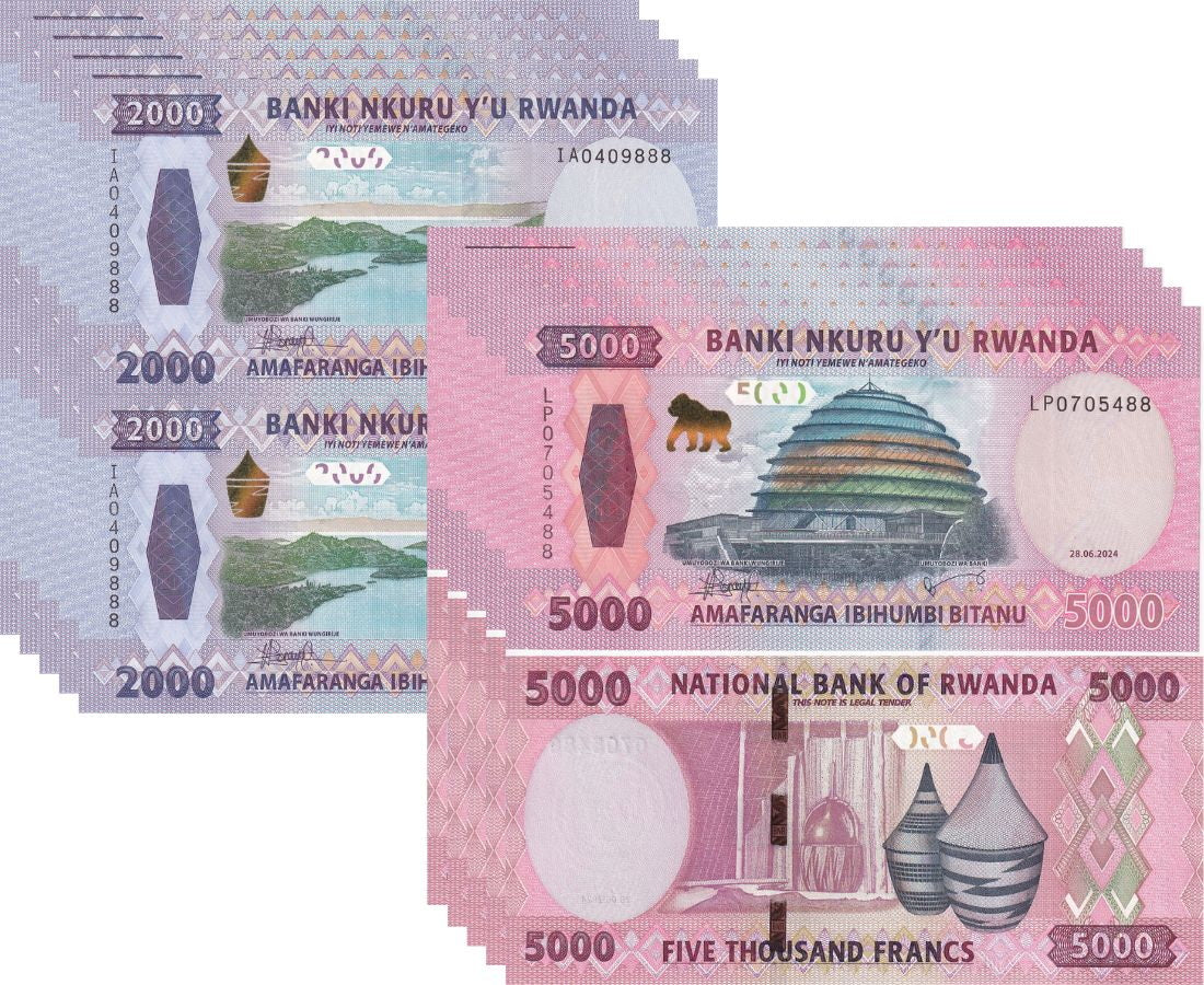 Rwanda SET 2 UNC 2000 5000 FRANCS 2024 P 44 45 New Sign LOT 5 SETS = 10 Pcs