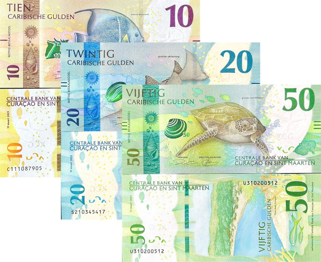 CURACAO & St MAARTEN Set 3 UNC 10 20 50 Gulden 2025 P 1 2 3 Anglefish Turtle NEW