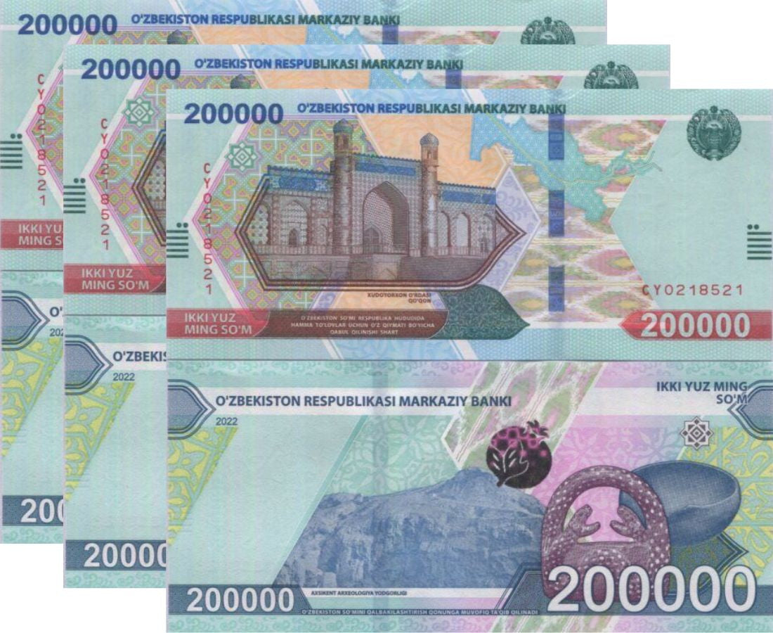 Uzbekistan 200000 Som 2022 P 93 a UNC Lot 3 Pcs