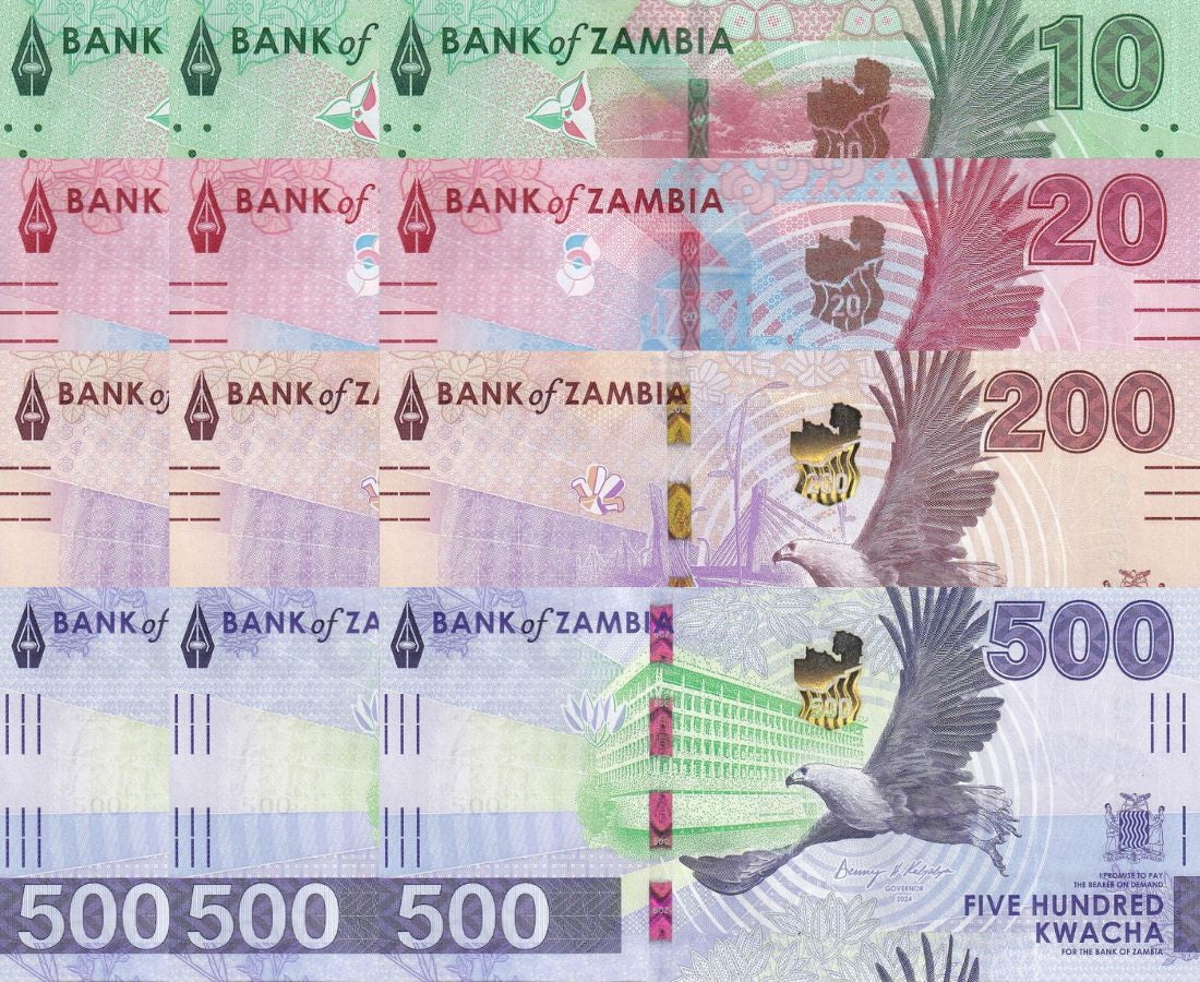Zambia Set 4 Pcs 10 20 200 500 K. 2024 2025 P 62 63 66 67 UNC LOT 3 SET = 12 Pcs