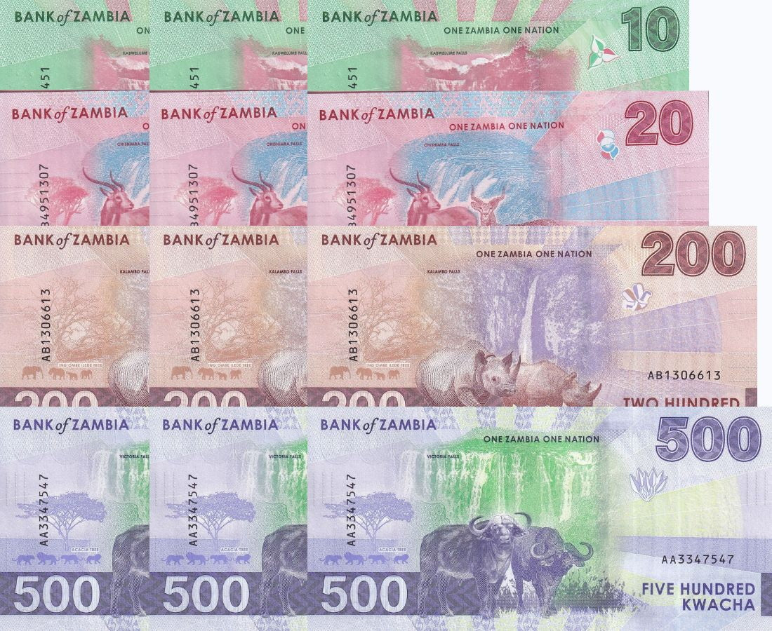 Zambia Set 4 Pcs 10 20 200 500 K. 2024 2025 P 62 63 66 67 UNC LOT 3 SET = 12 Pcs