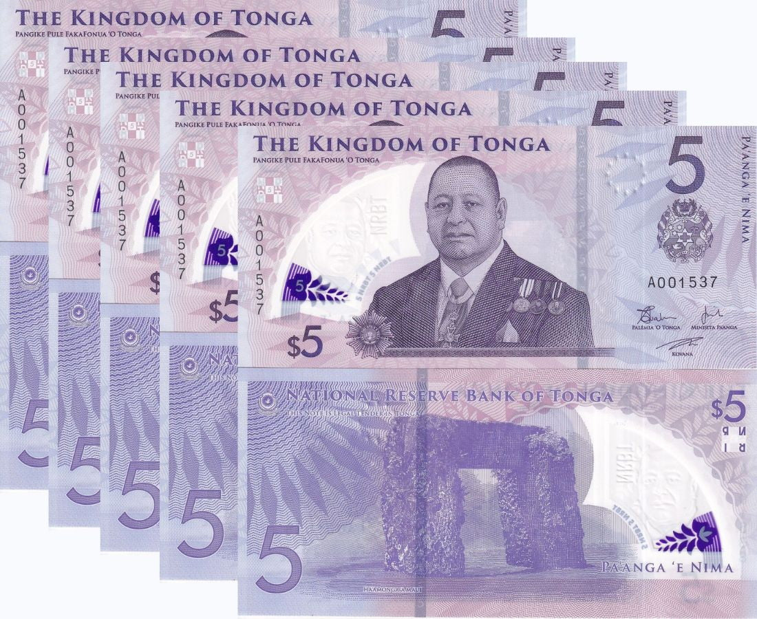 Tonga 5 Pananga 2023 P 51 Whale Polymer UNC LOT 5 Pcs