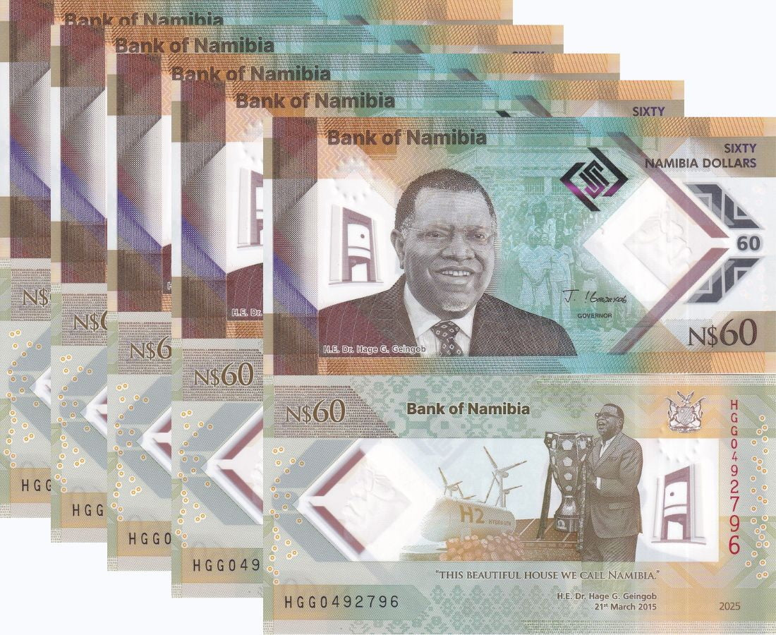 Namibia 60 Dollars ND 2025 60TH Commemorative Polymer P 19 UNC LOT 5 Pcs