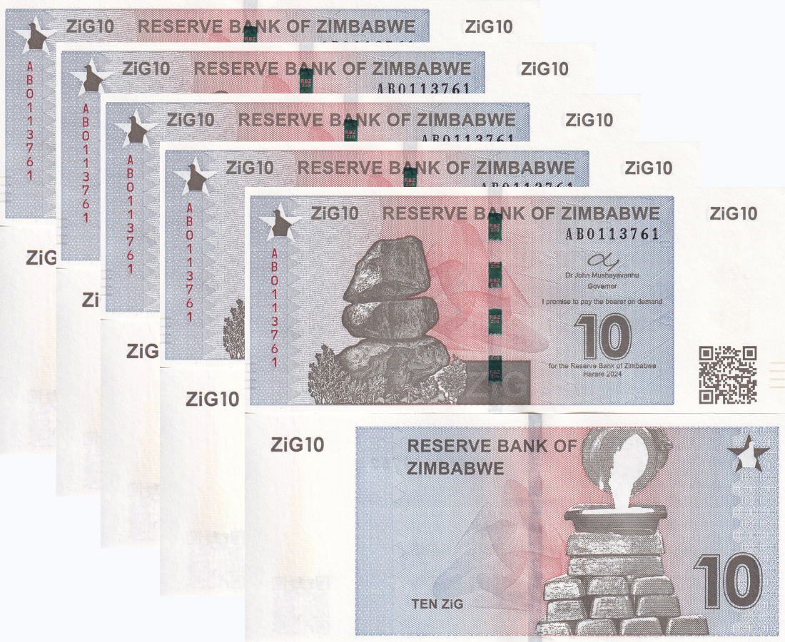 Zimbabwe 10 ZiG 2024 P 110 Gold Reserve Backed UNC With QR Code Lot 5 Pcs