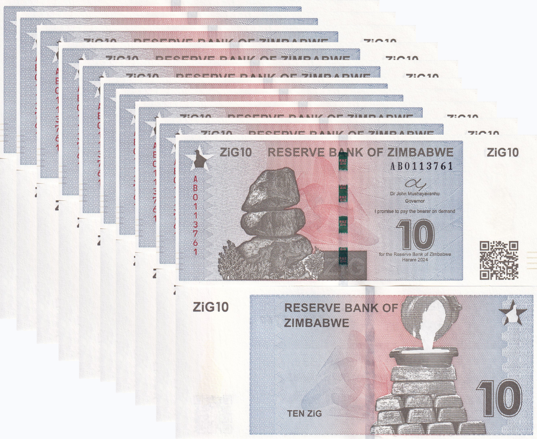 Zimbabwe 10 ZiG 2024 P 110 Gold Reserve Backed UNC w/QR Lot 10 UNC 1/10 BUNDLE