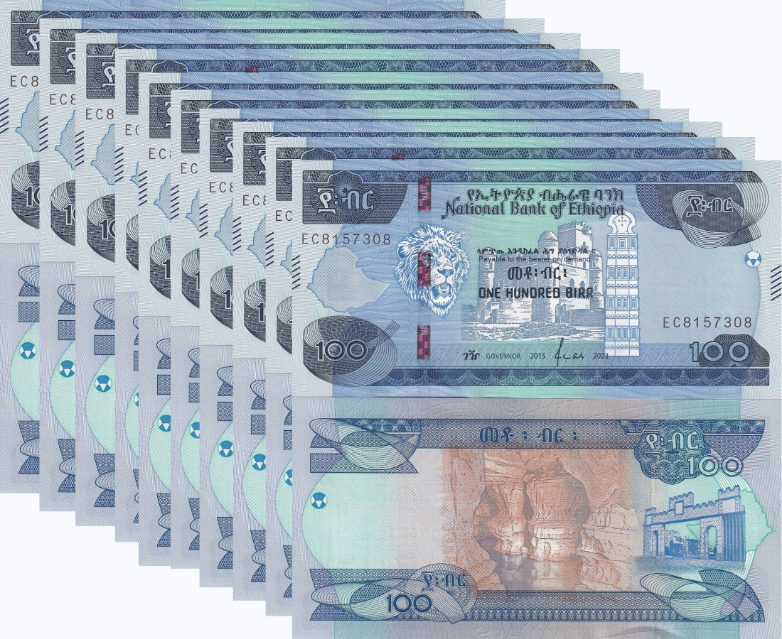 Ethiopia 100 Birr 2015/2023 P 55 NEW SIGN UNC LOT 10 Pcs 1/10 BUNDLE