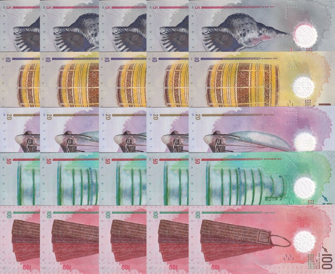 Maldives Set 5 x LOT 5 = 25 UNC 5 10 20 50 100 Random Year Polymer P A26-35 36