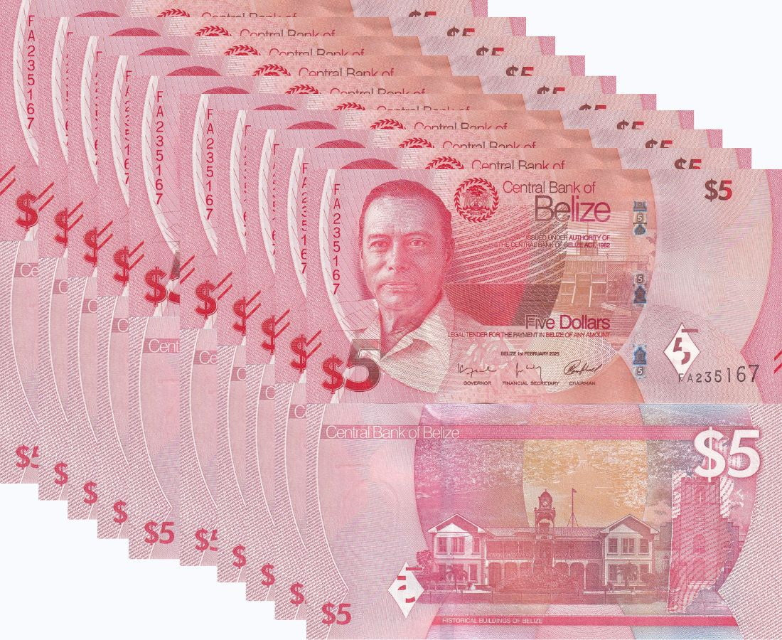 Belize 5 Dollars 2025 P 74 NEW Design UNC LOT 10 Pcs