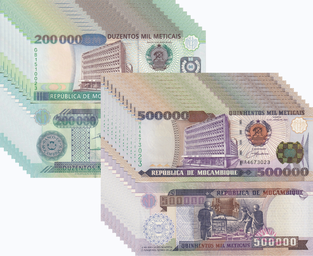 Mozambique Set 2 UNC 200000 500000 Meticais 2003 P 141 P 142 LOT 10 SETS 20 Pcs
