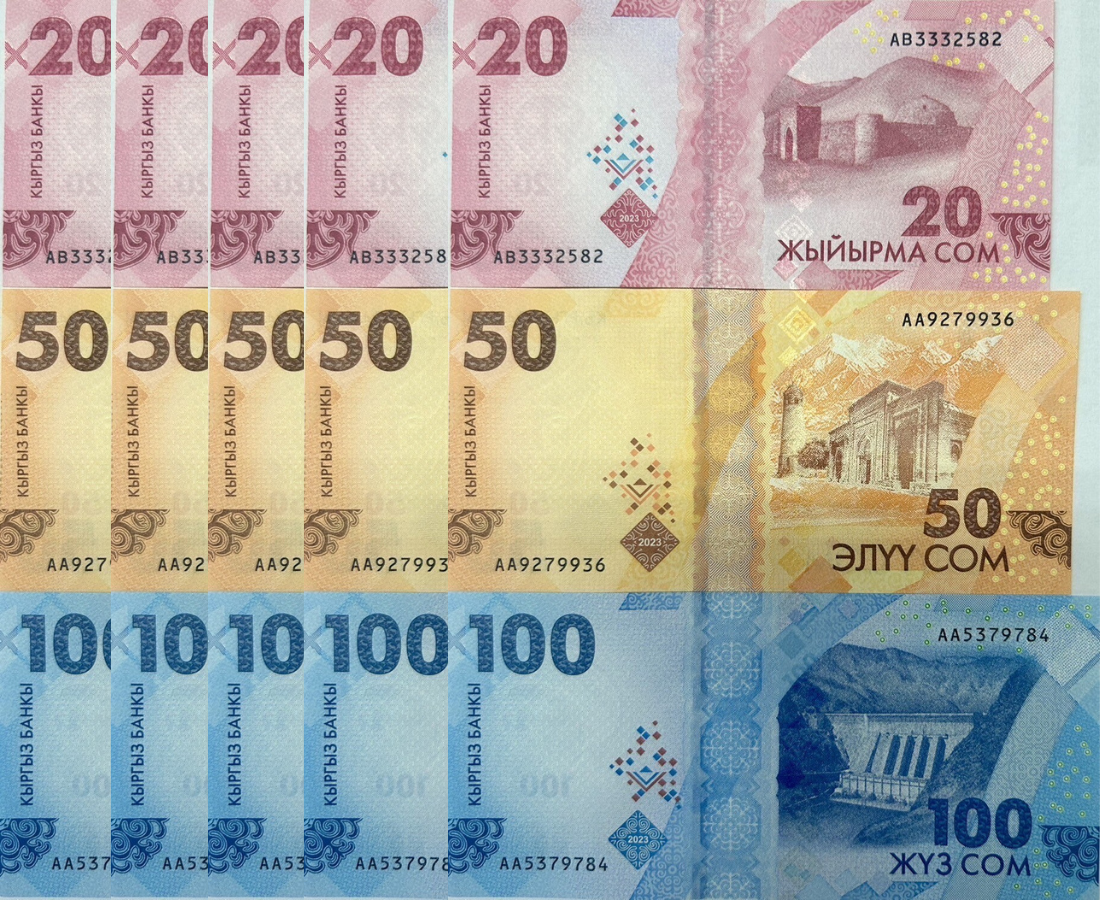 Kyrgyzstan SET 3 UNC 20 50 100 Som 2023/2024 P 34 35 36 LOT 5 = 15 Pcs