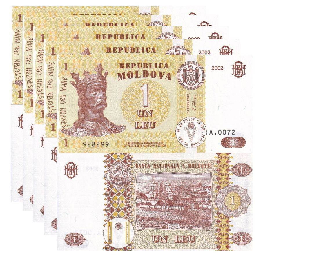 MOLDOVA 1 LEU 2002 P 8 UNC LOT 5 PCS