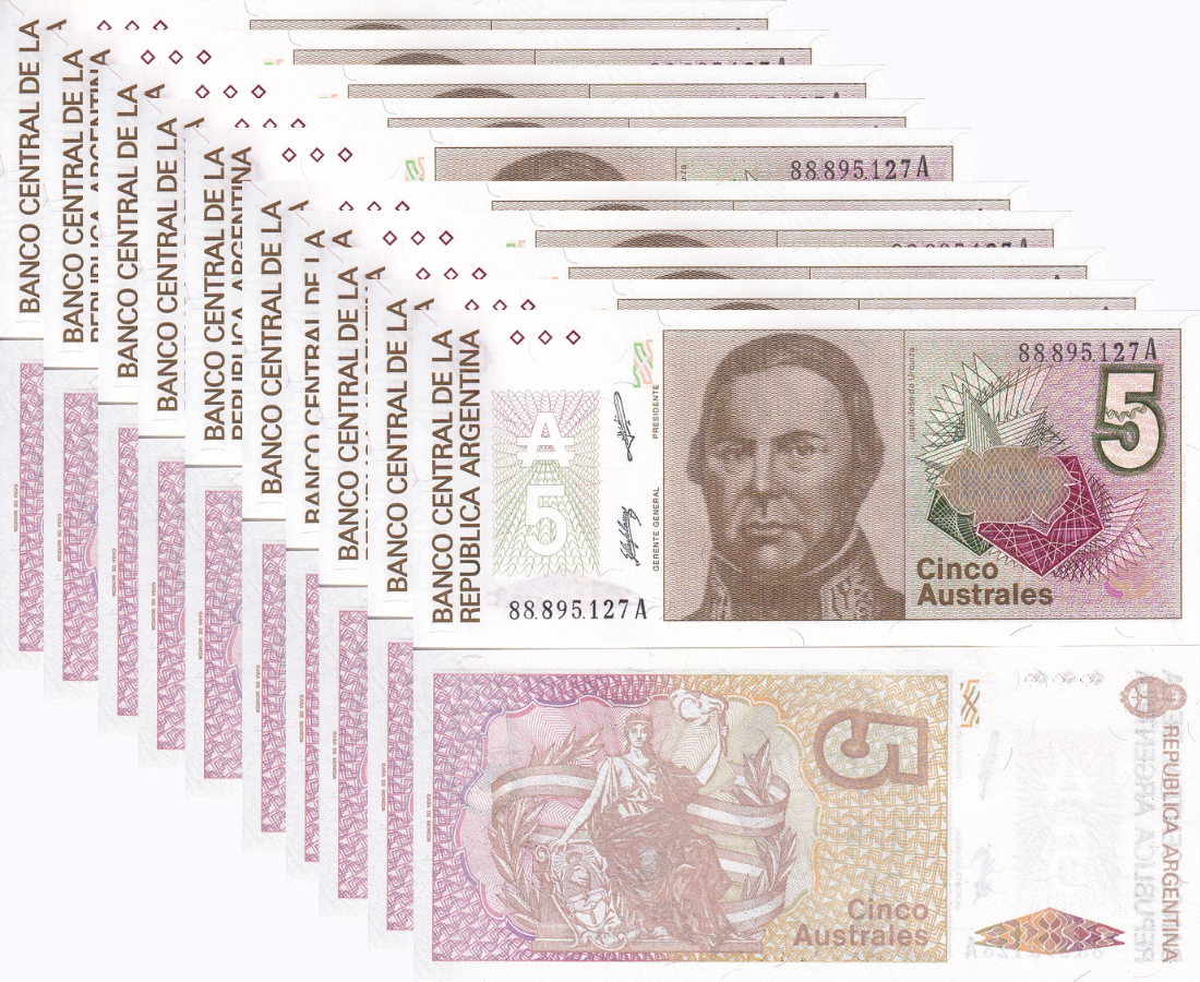 ARGENTINA 5 AUSTRALES 1989 P 324 b UNC LOT 10 PCS
