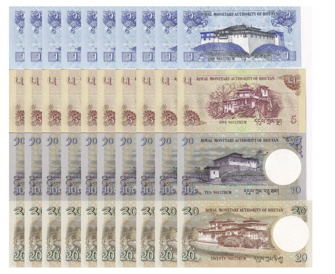 Bhutan Set 4 x 10 Sets = 40 Pcs 1 5 10 20 Ngultrum Mixed Year P 27 28 29 30 UNC