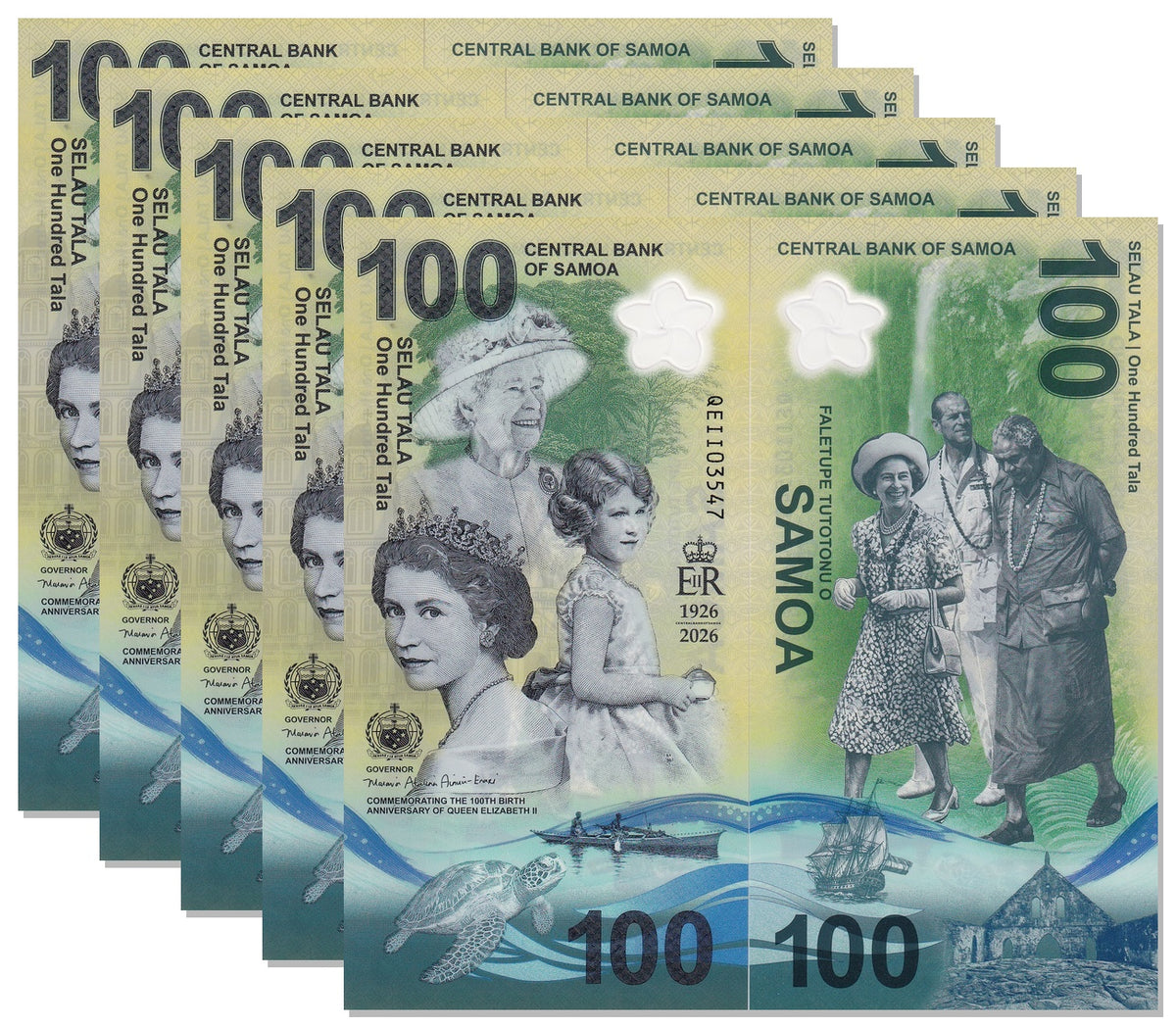 Samoa 100 tala 2026 Commemorative polymer 100th Birthday QEII P new LOT 5 UNC