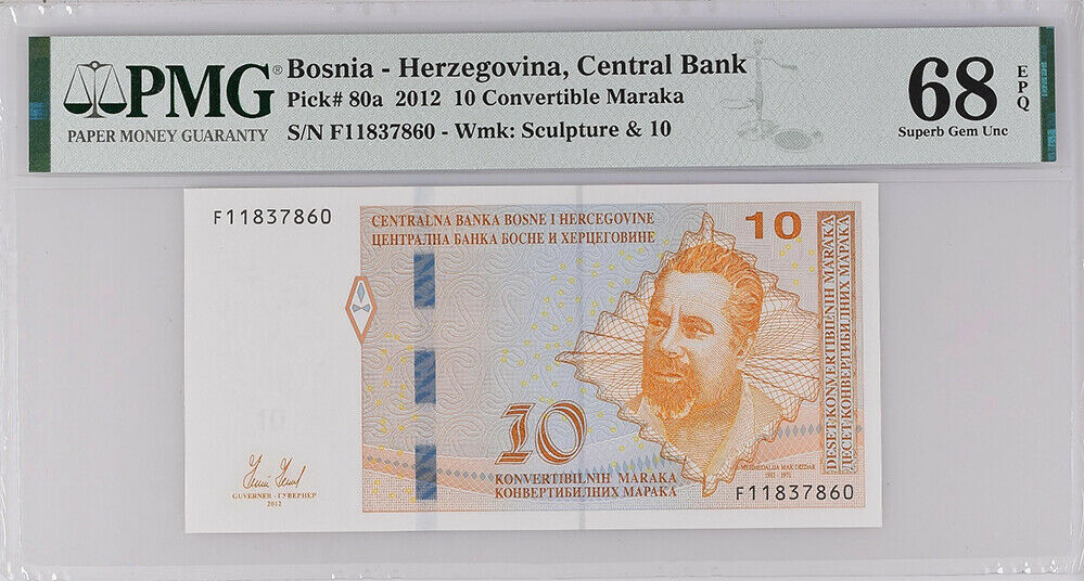 Bosnia & Herzegovina 10 Maraka 2012 P 80 a Superb Gem UNC PMG 68 EPQ