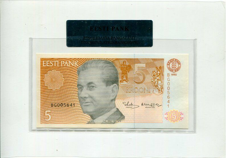 ESTONIA 5 KROONI 1992 P 71 UNC WITH FOLDER