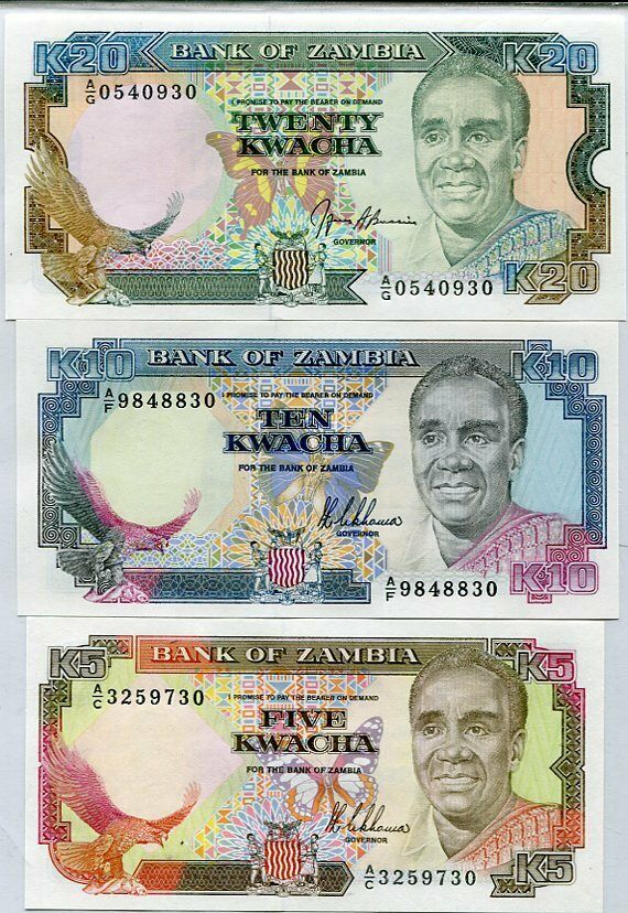 Zambia Set 3 UNC 5 10 20 Kwacha 1986-1989 P 30 31 32