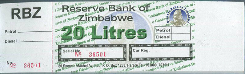 ZIMBABWE 20 LITRES RBZ PETROL GAS FUEL COUPON UNC