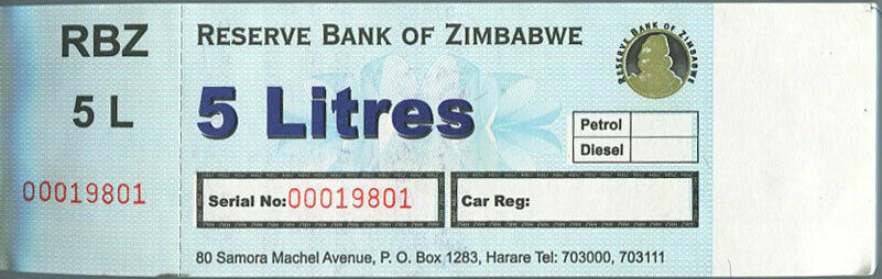 ZIMBABWE 5 LITRES RBZ PETROL GAS FUEL COUPON UNC