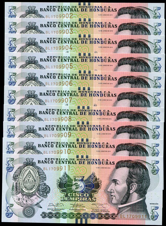 HONDURAS 5 LEMPIRAS 2014 P 98 b BLIND MARK UNC LOT 10 PCS