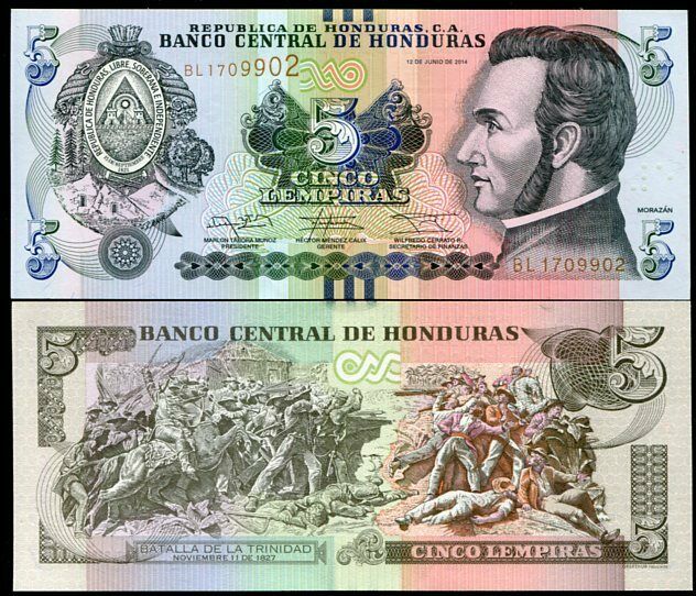 HONDURAS 5 LEMPIRAS 2014 P 98 b BLIND MARK UNC