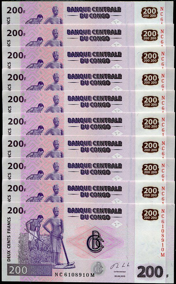 Congo 200 Francs 2013 P 99 UNC LOT 10 PCS 1/10 BUNDLE