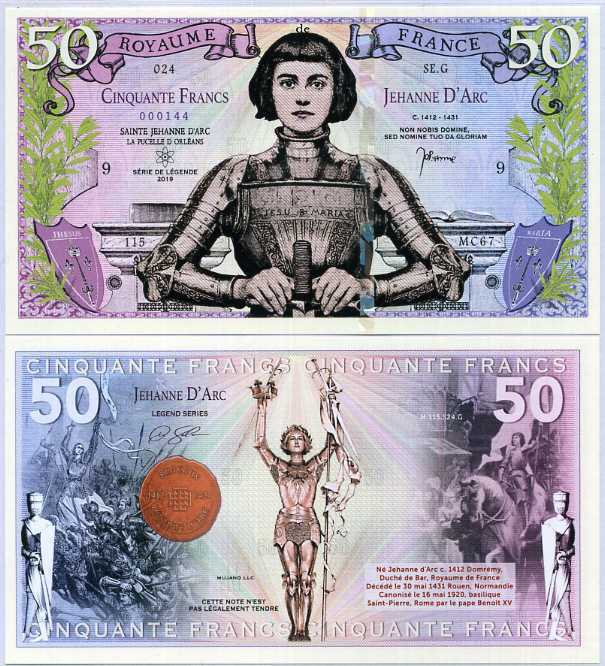 FRANCE 50 FRANCS LEGENDS OF THE WORLD JOAN OF ARC POLYMER FANTASY 2019