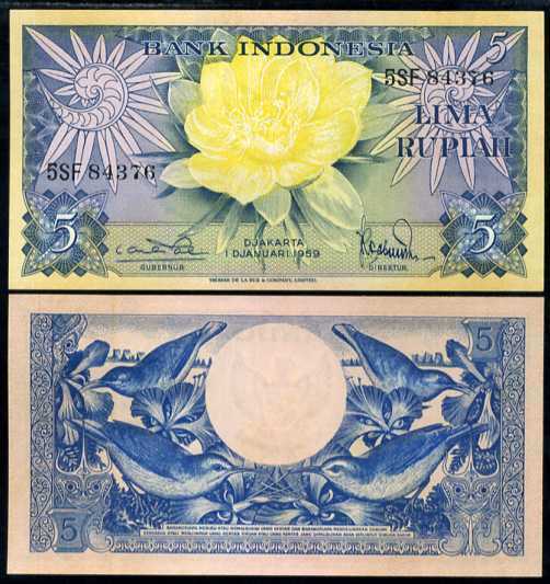 INDONESIA 5 RUPIAH 1959 P 65 WITH 2 LETTERS PREFIX UNC