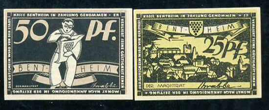 GERMANY SET 2 UNC 25 50 PFENNIG BENT HEIM BENTHEIM 1918-33 EMERGENCY NOTGELD