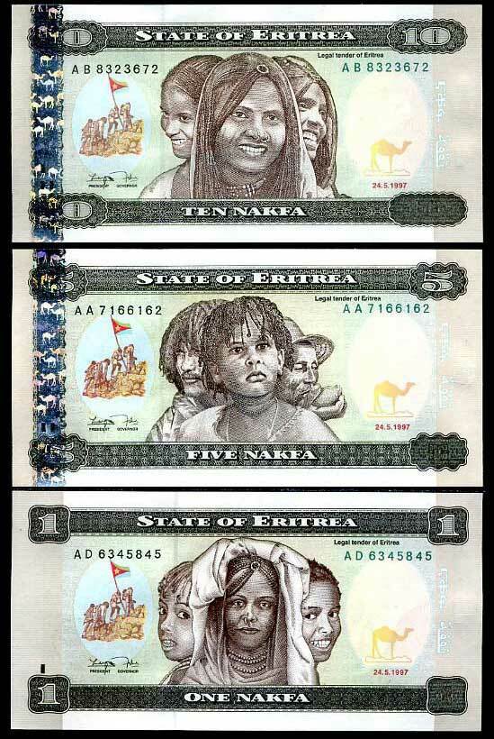 ERITREA SET 3 PCS 1 5 10 NAKFA 1997 P 1 2 3 UNC