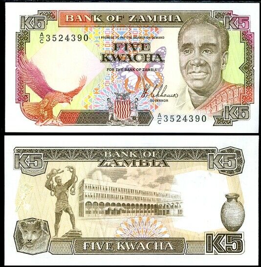 ZAMBIA 5 KWACHA 1989 P 30 UNC