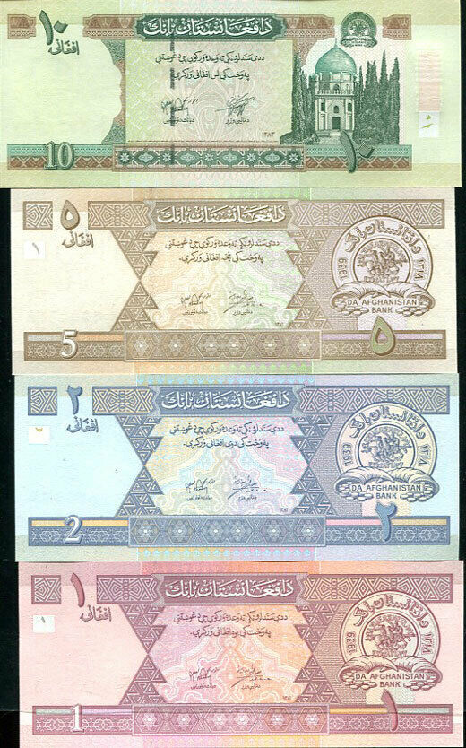 AFGHANISTAN SET 4 PCS 1 2 5 10 AFGHANIS RANDOM DATES & SIGNS P 64 65 66 67 UNC