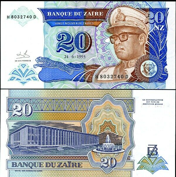 ZAIRE 20 NOUVEAUX ZAIRES 1993 P 56 UNC