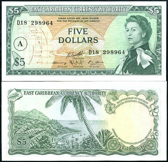 EAST CARIBBEAN 5 DOLLARS ND 1965 P 14 i A LOGO ANTIGUA QE II aUNC
