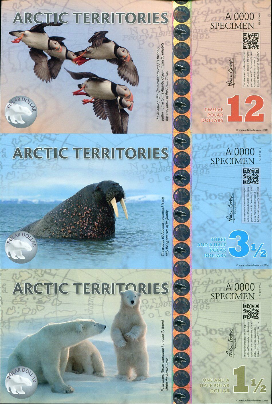 Arctic Territories 1.5 3.5 12 Dollars 2014 SPECIMEN POLYMER UNCUT SHEET