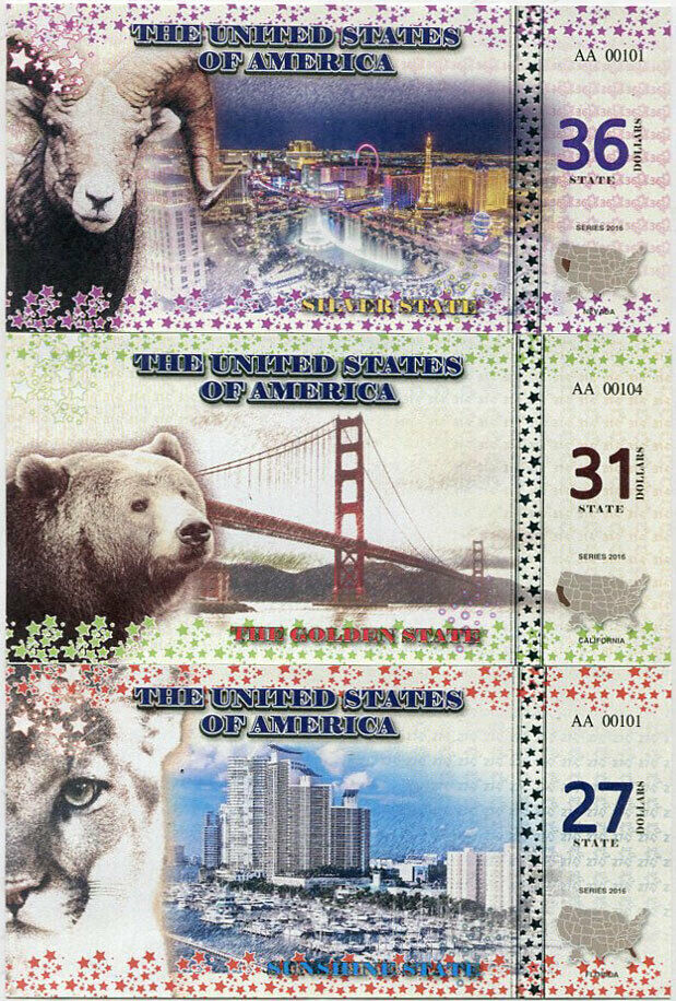 UNITED STATES SET 3 PCS 27 31 36 DOLLAR USA 2016 FANTASFLORIDA NEVADA CALIFORNIA