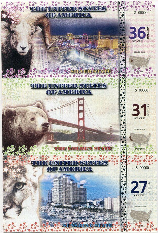 UNITED STATES SET 3 PCS 27 31 36 USA 2016 FANTASY FLORIDA NEVADA CA SPECIMEN