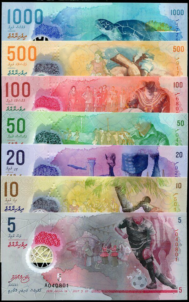Maldives Set 7 UNC 5 10 20 50 100 500 1000 Rufiyaa 2015-2024 Polymer P A26-36