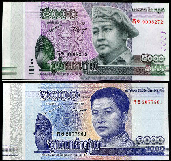 Cambodia Set 2 Pcs 1000 5000 Riels 2015-2017 P 67 68 UNC