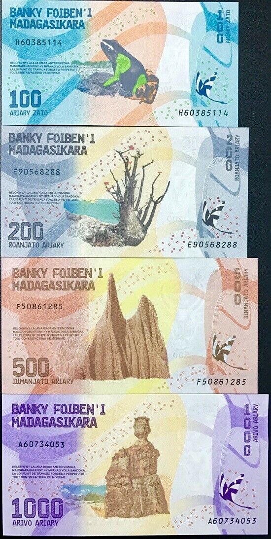 Madagascar Set 4 Pcs 100 200 500 1000 ARIARY 2017 P 97 98 99 100 UNC
