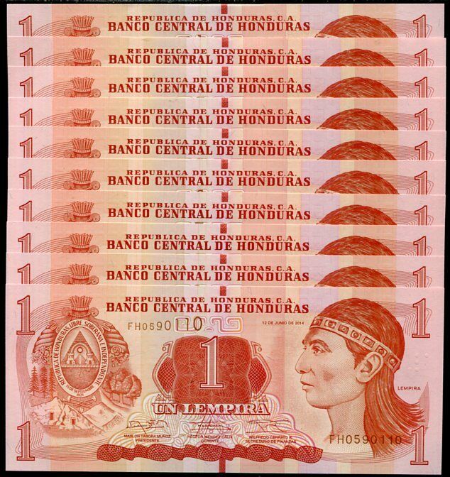 HONDURAS 1 LEMPIRA 2014 P 96 UNC LOT 10 PCS