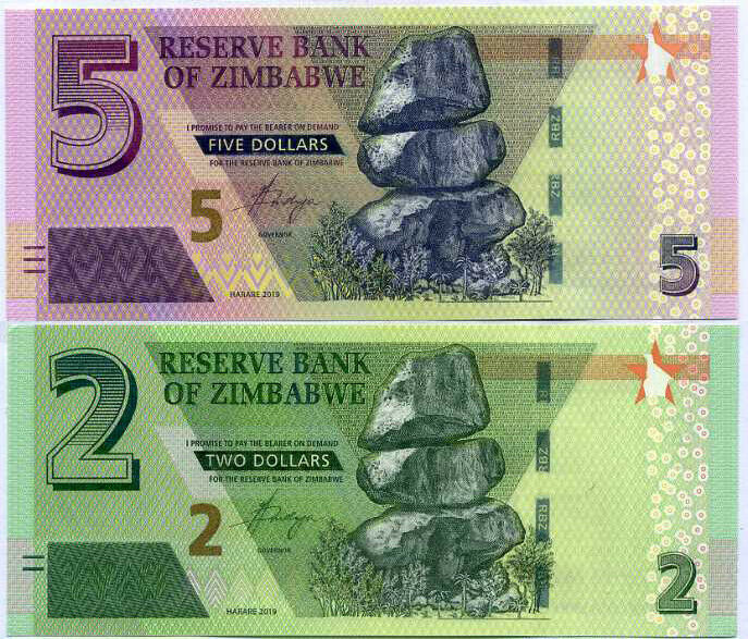ZIMBABWE SET 2 UNC 2 5 DOLLARS 2019 P 101 102 UNC