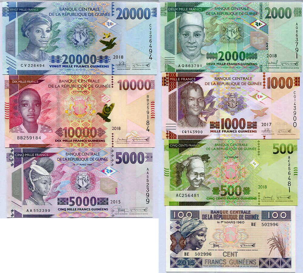 Guinea SET 7 UNC 100 500 1000 2000 5000 10000 20000 Francs 2015-2018 P NEW
