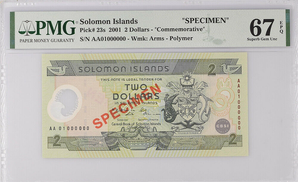 Solomon Islands 2 Dollars 2001 P 23 Polymer Specimen Superb Gem UNC PMG 67 EPQ