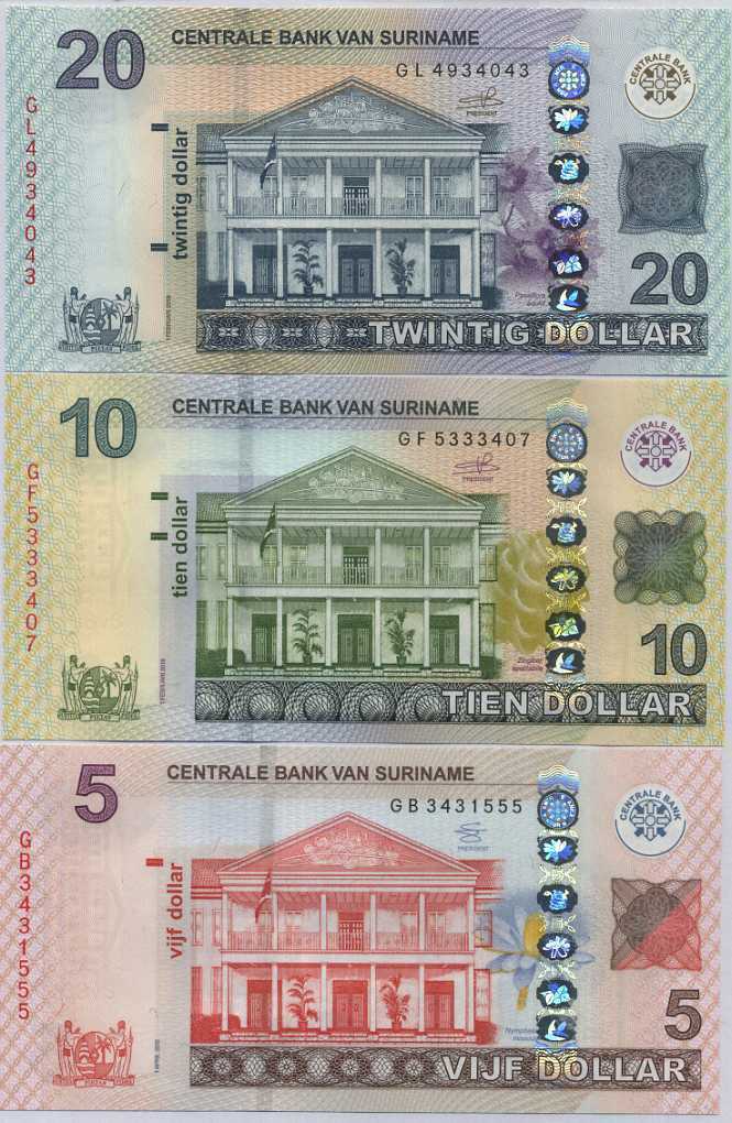 Suriname Set 3 Pcs 5 10 20 Dollars Random Date & Sign P 162 163 164 UNC
