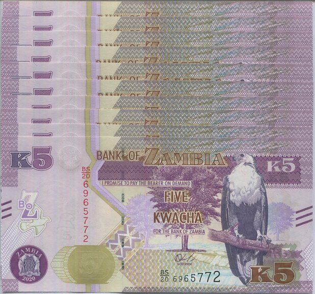 Zambia 5 Kwacha 2020 P 57 UNC Lot 10 PCS