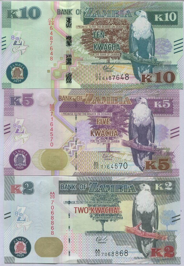 Zambia Set 3 Pcs 2 5 10 Kwacha Random Date P 56 57 58 UNC