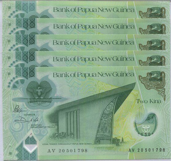 Papua New Guinea 2 Kina 2020 / 2021 P W50 NEW Date & Sign LOT 5 Pcs UNC