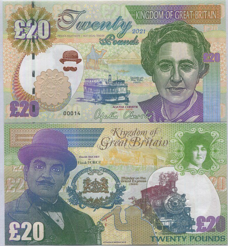 GREAT BRITAIN 20 Pounds FANTASY 1890-1976 Agatha Christie 2021 HERCULE POIROT