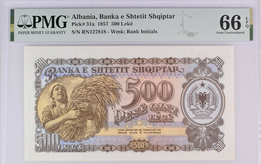ALBANIA 500 LEK 1957 P 31 Gem UNC PMG 66 EPQ